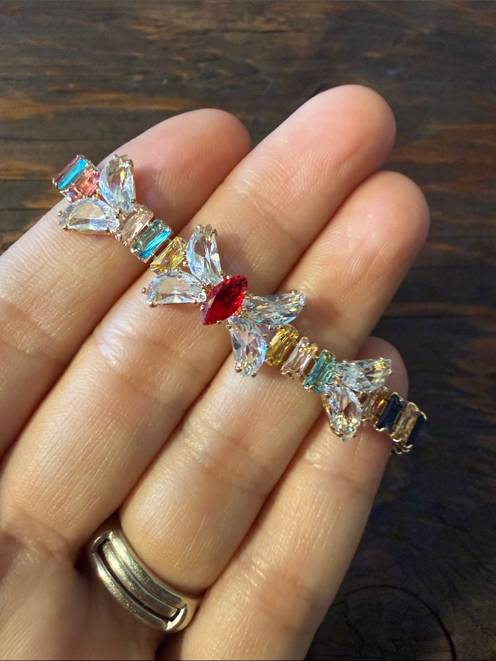 Gold Plated Crystal Multicolor Butterfly Bracelet with Red Accent